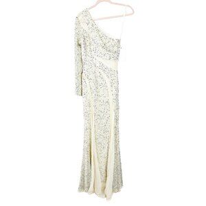 NWT Mac Duggal Sequined Long Sleeve One-Shoulder Gown Silver Nude 2 #A0097